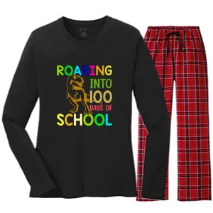 Dinosaur T Rex Roaring Into 100 Days Of School Teacher Women's Long Sleeve Flannel Pajama Set 