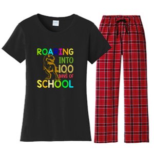 Dinosaur T Rex Roaring Into 100 Days Of School Teacher Women's Flannel Pajama Set