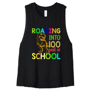 Dinosaur T Rex Roaring Into 100 Days Of School Teacher Women's Racerback Cropped Tank