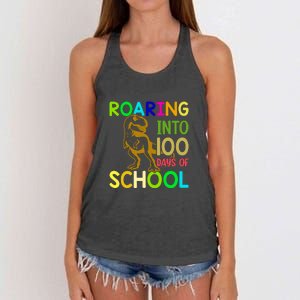 Dinosaur T Rex Roaring Into 100 Days Of School Teacher Women's Knotted Racerback Tank