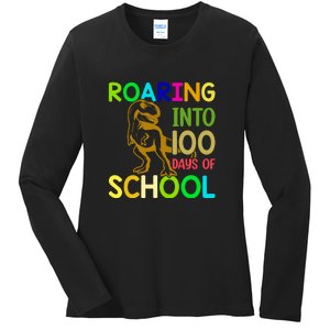 Dinosaur T Rex Roaring Into 100 Days Of School Teacher Ladies Long Sleeve Shirt