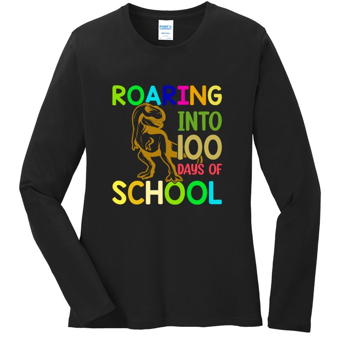 Dinosaur T Rex Roaring Into 100 Days Of School Teacher Ladies Long Sleeve Shirt