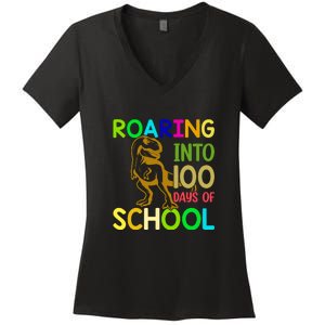 Dinosaur T Rex Roaring Into 100 Days Of School Teacher Women's V-Neck T-Shirt