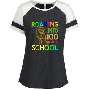 Dinosaur T Rex Roaring Into 100 Days Of School Teacher Enza Ladies Jersey Colorblock Tee