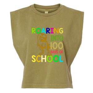 Dinosaur T Rex Roaring Into 100 Days Of School Teacher Garment-Dyed Women's Muscle Tee