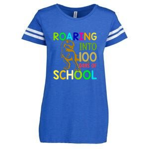 Dinosaur T Rex Roaring Into 100 Days Of School Teacher Enza Ladies Jersey Football T-Shirt