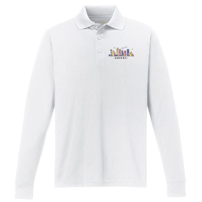 Dallas Texas Skyline Vintage Dallas Tx Performance Long Sleeve Polo