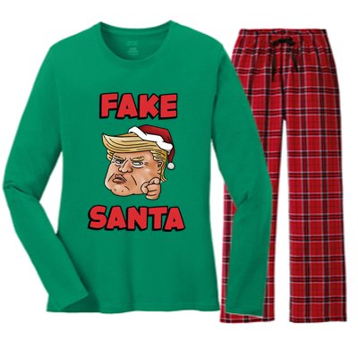 Donald Trump Santa Hat Fake Santa Christmas Women's Long Sleeve Flannel Pajama Set 