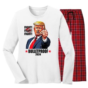 Donald Trump Shot Bulletproof Fight 2024 Election Women's Long Sleeve Flannel Pajama Set 