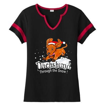 Dachshund Through Snow Funny Dachshund Christmas Gift Ladies Halftime Notch Neck Tee