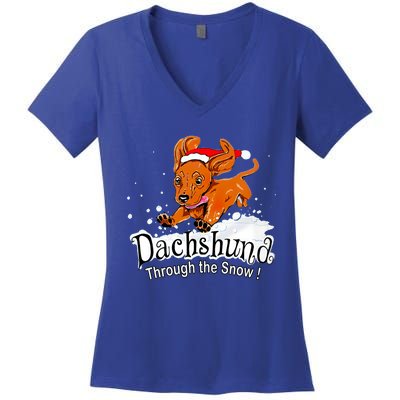 Dachshund Through Snow Funny Dachshund Christmas Gift Women's V-Neck T-Shirt