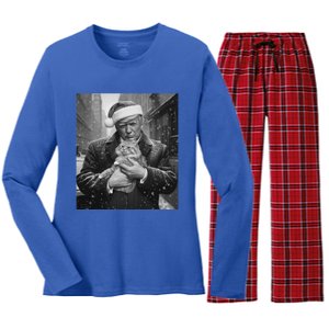 Donald Trump Santa Cat Christmas Funny Patriotic Cat Lover Great Gift Women's Long Sleeve Flannel Pajama Set 