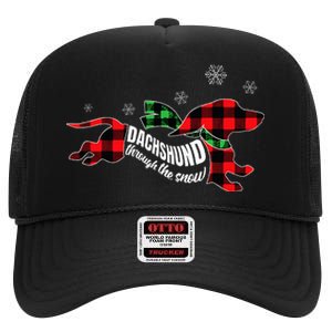 Dachshund Through The Snow Doxie Dog Plaid Christmas Gift High Crown Mesh Back Trucker Hat