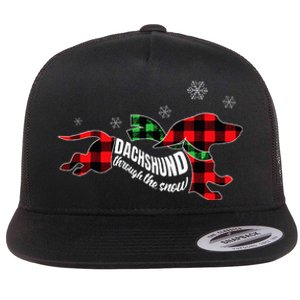 Dachshund Through The Snow Doxie Dog Plaid Christmas Gift Flat Bill Trucker Hat