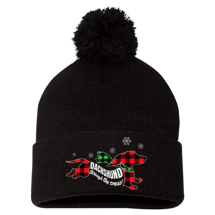 Dachshund Through The Snow Doxie Dog Plaid Christmas Gift Pom Pom 12in Knit Beanie