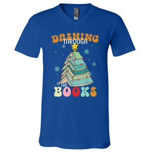 Dashing Through The Books Funny Book Christmas Tree Teacher Great Gift V-Neck T-Shirt