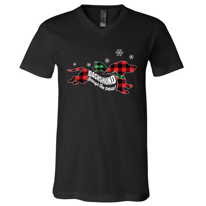 Dachshund Through The Snow Doxie Dog Plaid Christmas Gift V-Neck T-Shirt