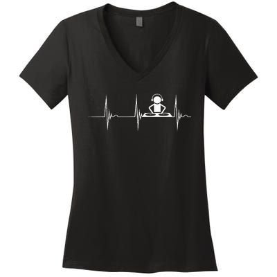 DJ Techno Turntable DJ Heartbeat EKG Pulse Dance Music Women's V-Neck T-Shirt