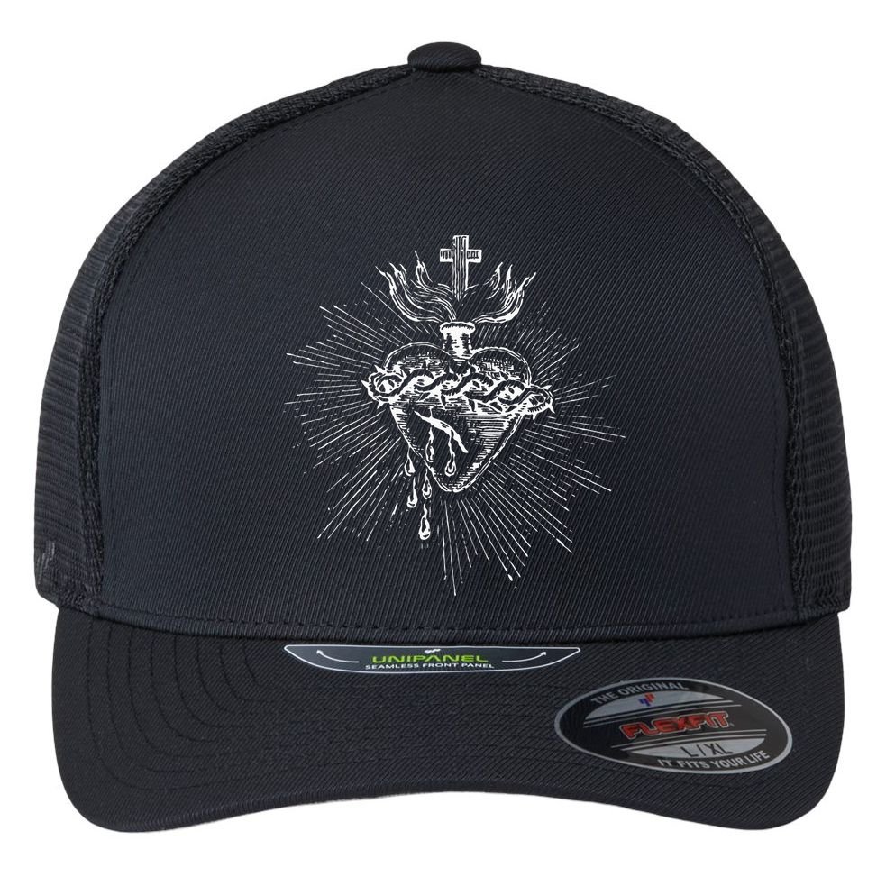 Devotion To The Sacred Heart Of Jesus Vintage Catholic Art Flexfit Unipanel Trucker Cap