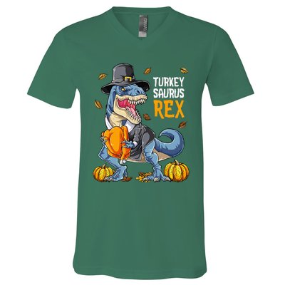 Dinosaur Thanksgiving Turkey Saurus T Rex Pilgrim V-Neck T-Shirt