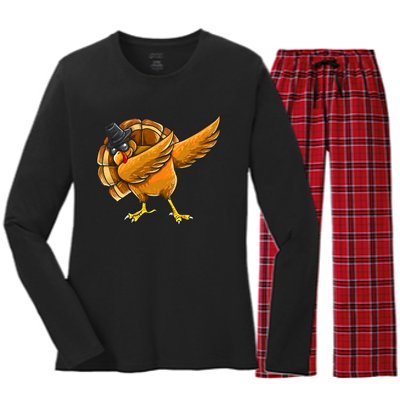 Dabbing Turkey Thanksgiving Turkey Day Women's Long Sleeve Flannel Pajama Set 