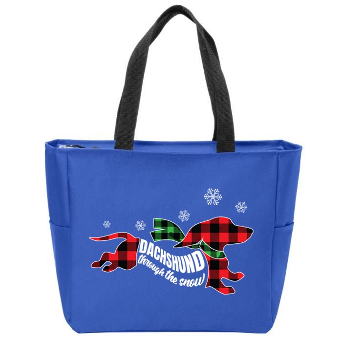 Dachshund Through The Snow Doxie Dog Plaid Christmas Gift Zip Tote Bag