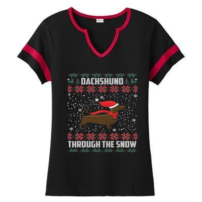 Dachshund Through The Snow Ugly Christmas Gift Funny Gift Ladies Halftime Notch Neck Tee