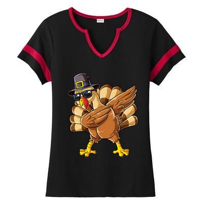 Dabbing Turkey Thanksgiving Day Pilgrim Ladies Halftime Notch Neck Tee