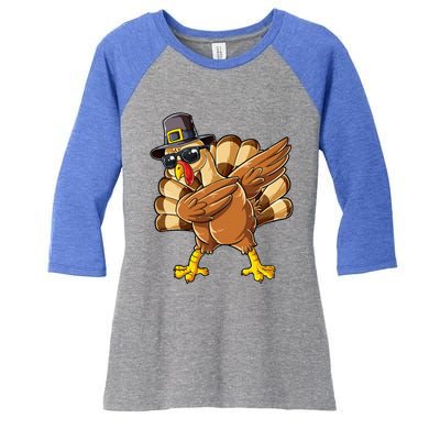 Dabbing Turkey Thanksgiving Day Pilgrim Women's Tri-Blend 3/4-Sleeve Raglan Shirt