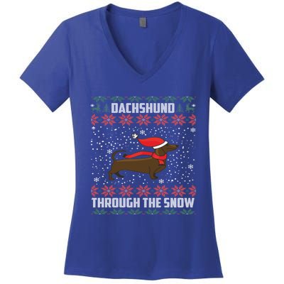 Dachshund Through The Snow Ugly Christmas Gift Women's V-Neck T-Shirt