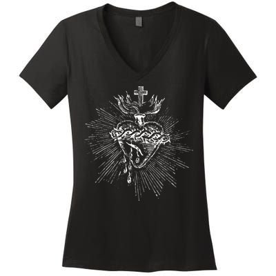 Devotion To The Sacred Heart Of Jesus Vintage Catholic Art Women's V-Neck T-Shirt