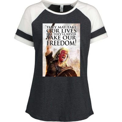 Donald Trump They May Take Our Lives But Theyll Never Take Our Freedom Enza Ladies Jersey Colorblock Tee