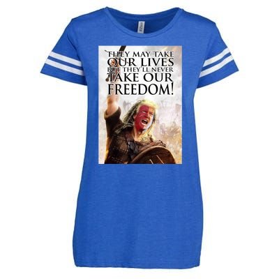 Donald Trump They May Take Our Lives But Theyll Never Take Our Freedom Enza Ladies Jersey Football T-Shirt