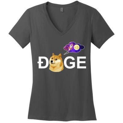 Doge To The Moon Galaxy Cryptocurrency Women's V-Neck T-Shirt