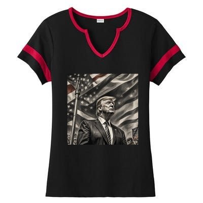 Donald Trump The Future Of America Charcoal Art Us Flag Ladies Halftime Notch Neck Tee