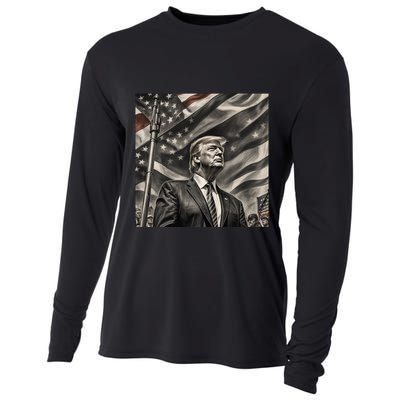 Donald Trump The Future Of America Charcoal Art Us Flag Cooling Performance Long Sleeve Crew