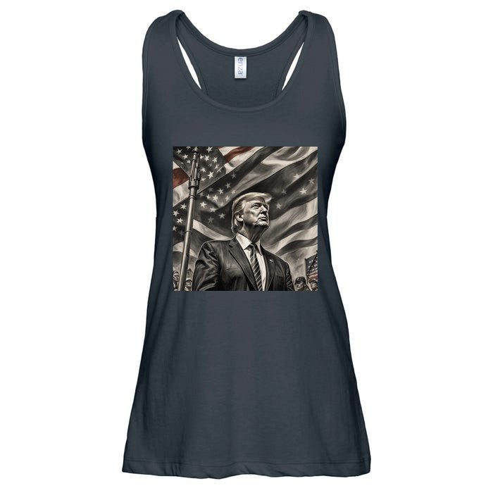 Donald Trump The Future Of America Charcoal Art Us Flag Ladies Essential Flowy Tank