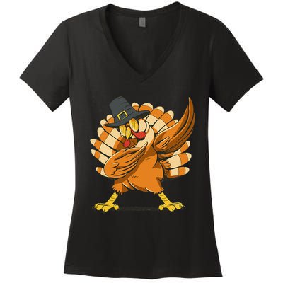 Dabbing Turkey Thanksgiving Day Pilgrim Funny Dab Women's V-Neck T-Shirt