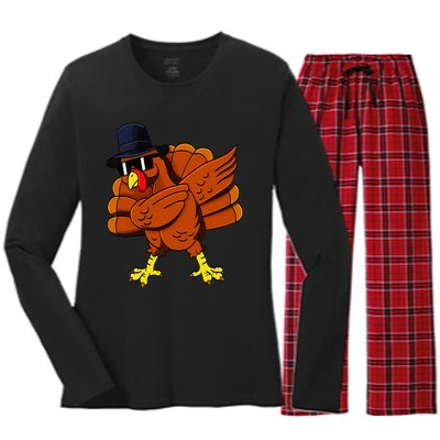 Dabbing Turkey Thanksgiving Pilgrim Funny Dab Women's Long Sleeve Flannel Pajama Set 