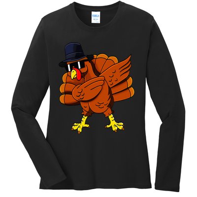 Dabbing Turkey Thanksgiving Pilgrim Funny Dab Ladies Long Sleeve Shirt