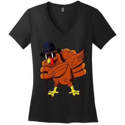 Dabbing Turkey Thanksgiving Pilgrim Funny Dab Women's V-Neck T-Shirt