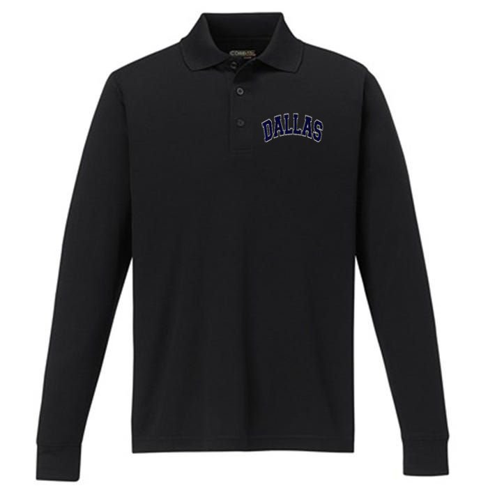 Dallas Texas TX Varsity Style Navy Performance Long Sleeve Polo