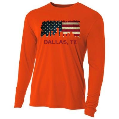 Dallas Tx Texas City Skyline Art Usa Flag American Cute Gift Cooling Performance Long Sleeve Crew