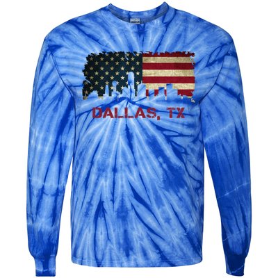 Dallas Tx Texas City Skyline Art Usa Flag American Cute Gift Tie-Dye Long Sleeve Shirt