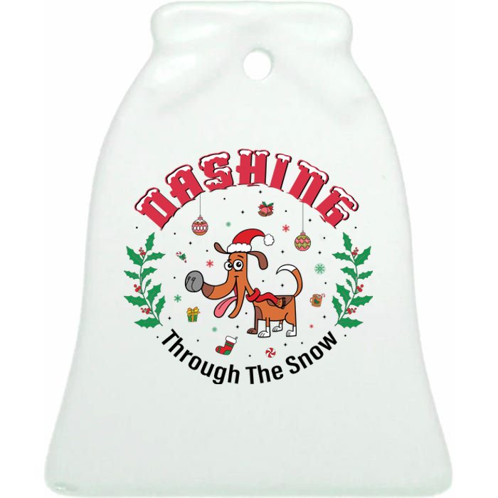 Dashing Through The Snow Cute Dog Christmas Xmas Ceramic Bell Ornament