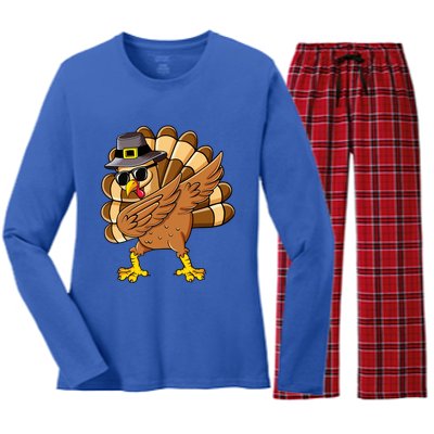 Dabbing Turkey Thanksgiving Day Pilgrim Funny Dab Cute Gift Women's Long Sleeve Flannel Pajama Set 