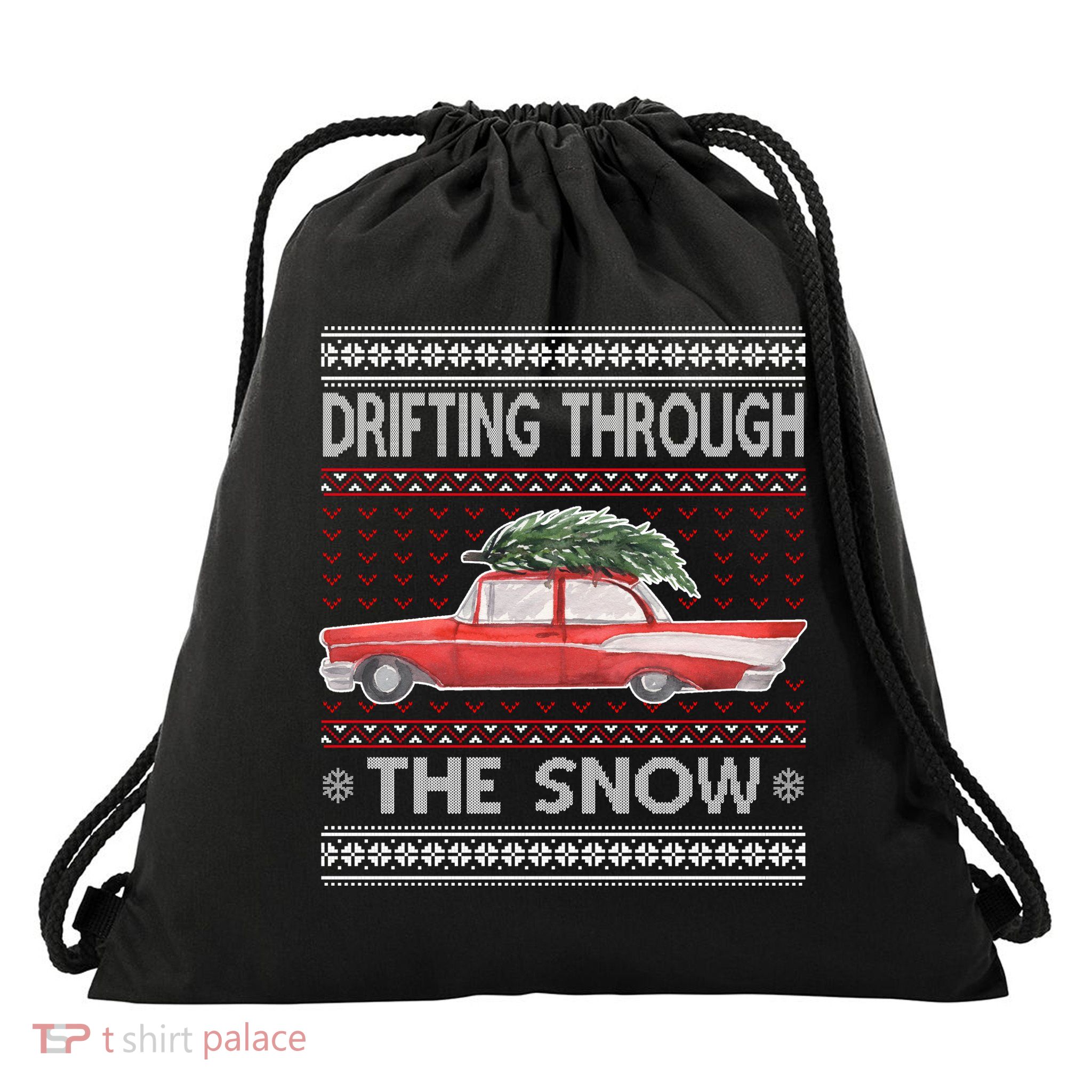 Drifting Through The Snow Ugly Christmas Sweater Drawstring Bag