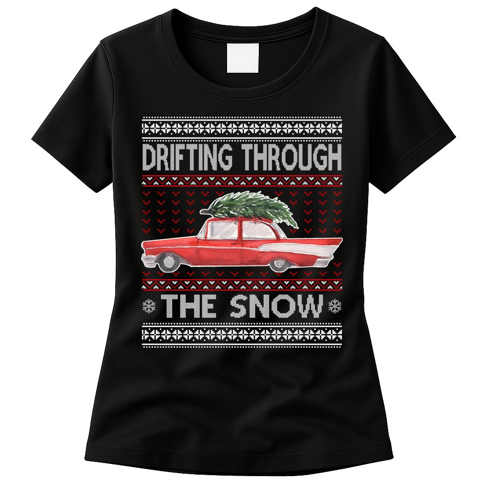 Drifting Through The Snow Ugly Christmas Sweater Womens T-Shirt