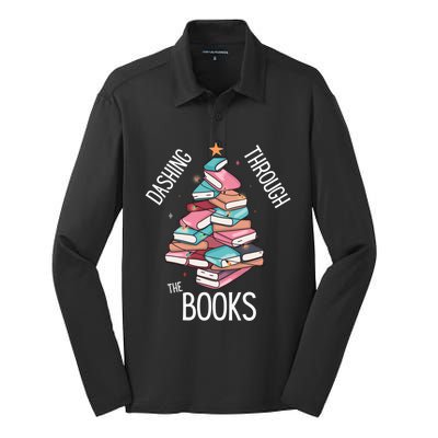 Dashing Through The Books Lover Christmas Tree Xmas Bookish Gift Silk Touch Performance Long Sleeve Polo