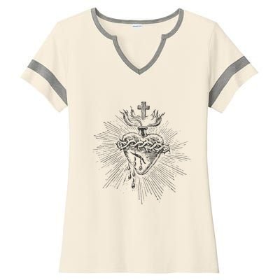 Devotion To The Sacred Heart Of Jesus Vintage Catholic Art Ladies Halftime Notch Neck Tee